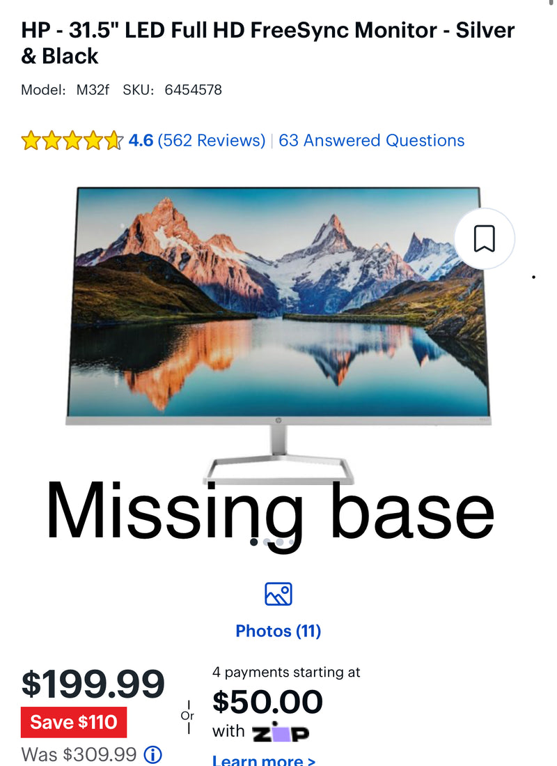 HP - 31.5" LED Full HD FreeSync Monitor - Silver & Black MISSING BASE