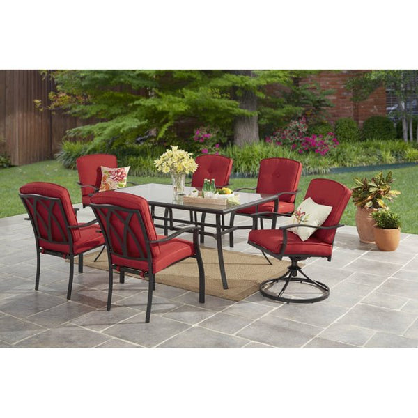 Mainstays Belden Park Outdoor Patio Dining Set, 7 Piece Metal Cushioned, Red