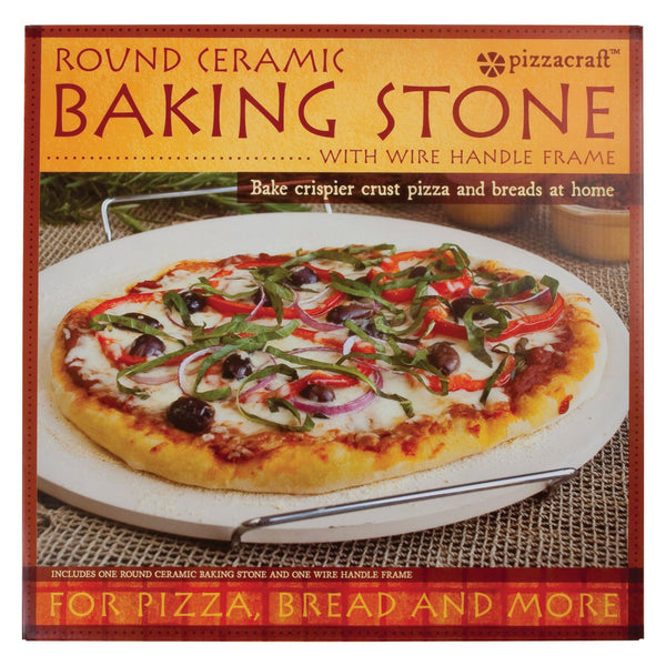 Pizzacraft 15" Round Ceramic Pizza Stone and Baking Stone with Wire Frame, for Oven, Grill, or BBQ-P (2114690154563)