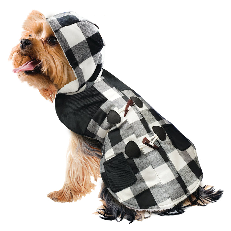 Fetchwear Buffalo Plaid Fashion Jacket With Hood & Sherpa Lining For Dogs, Black & White, Small