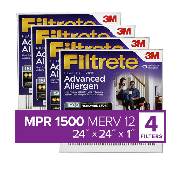Filtrete 24x24x1, Healthy Living Advanced Allergen Reduction HVAC Furnace Air Filter, 1500 MPR, Pack of 4 Filters