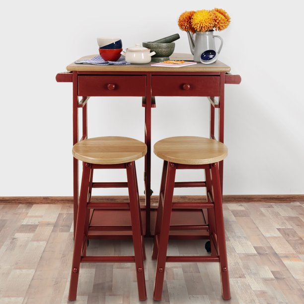 Casual Home Breakfast Cart with Drop-Leaf Table and Matching Stools
