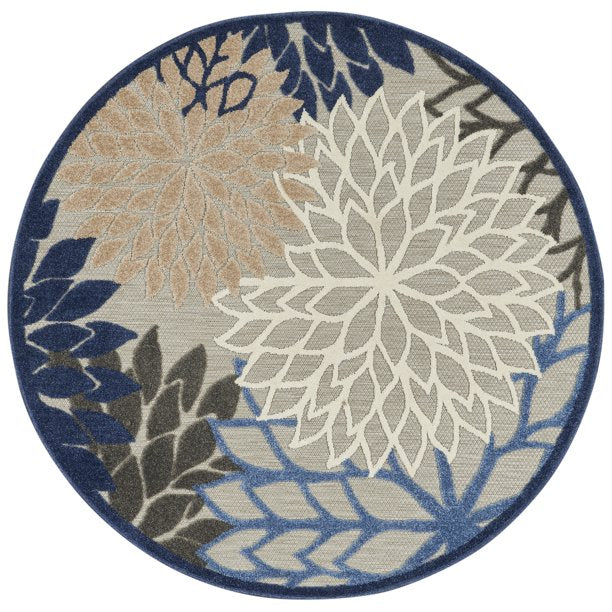 Nourison Aloha Indoor/Outdoor Tropical Floral Blue/Multicolor 4' x ROUND Area Rug, (4' Round)