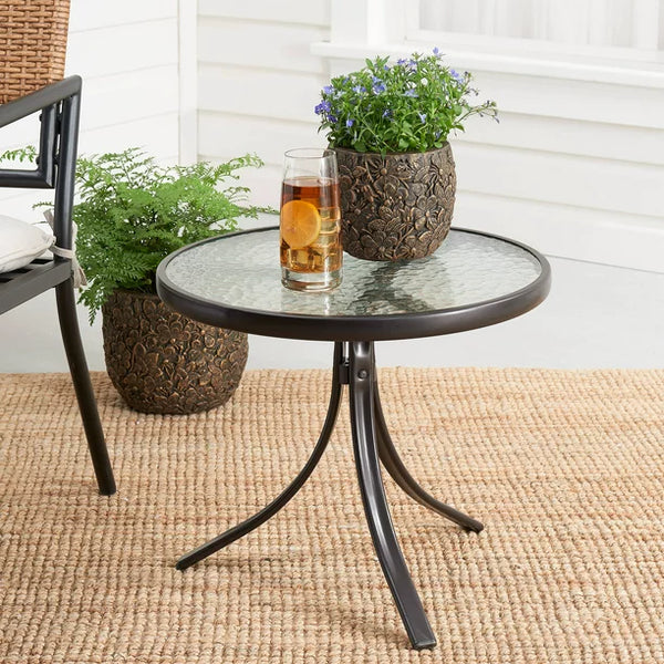 Mainstays Round Glass Side Table, 20" D x 17.5”H, Dark Brown Finish