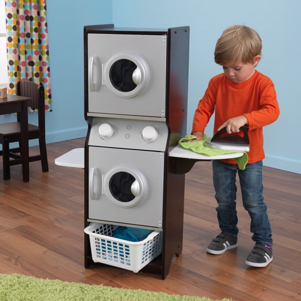 KidKraft Laundry Playset, Wooden Stacking Washer and Dryer with Iron and Basket, Espresso
