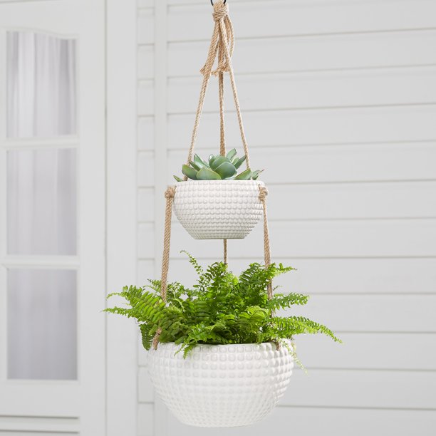 Better Homes & Gardens Dots Two-Tier Hanging Planter in White