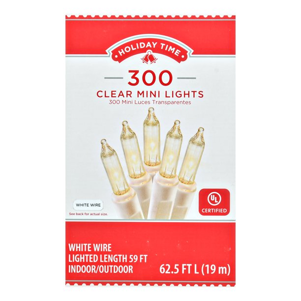 Holiday Time Indoor and Outdoor Clear Mini Christmas Lights, 59', 300 Count, White Wire