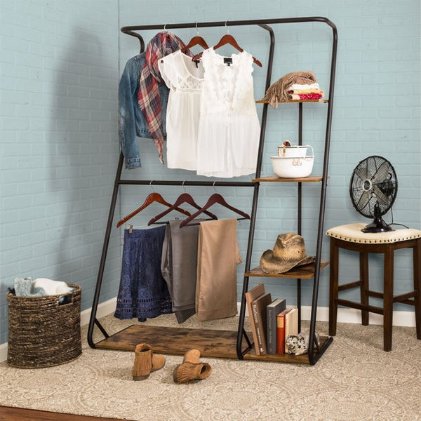 Honey Can Do Rustic Z-Frame Wardrobe Rack with 4 Shelves, Black