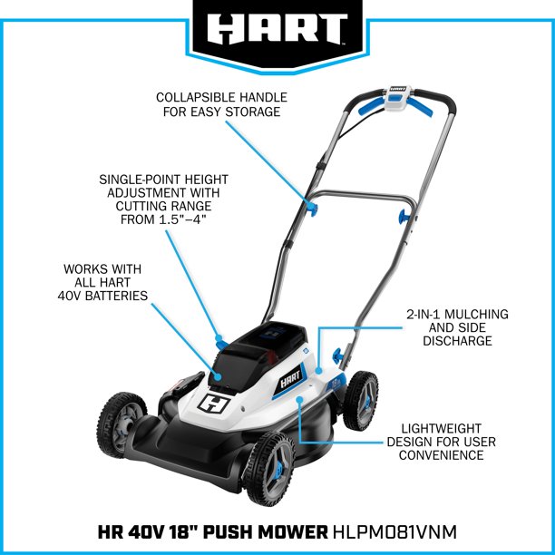 HART 40-Volt Cordless 18-inch Push Mower Kit, (1) 6Ah Lithium-Ion Battery, (1) Battery Charger