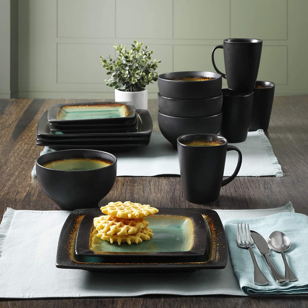 Gibson Elite Ocean Paradise Square Reactive Glaze Stoneware Dinnerware Set, Service for 4 (16pcs)