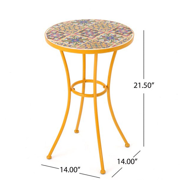 Brienne Outdoor Ceramic Tile Round Side Table with Iron Frame, Yellow