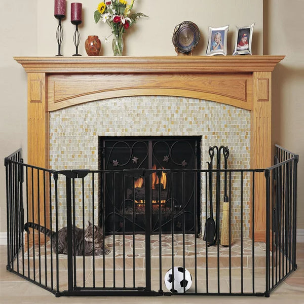 Jaxpety Fireplace Fence Safety Fence 6 Panel Hearth Gate Pet Gate Guard Metal Plastic Screen, Black