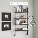 Theo 4-Shelf Bookcase Floating Wall Mount Natural Wood Industrial Pipe Metal Frame, Nutmeg/Black
