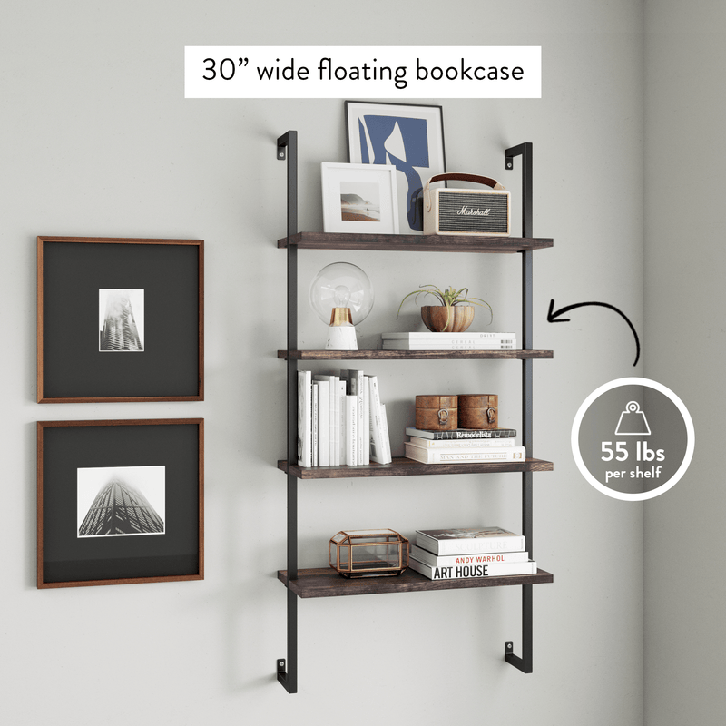 Theo 4-Shelf Bookcase Floating Wall Mount Natural Wood Industrial Pipe Metal Frame, Nutmeg/Black