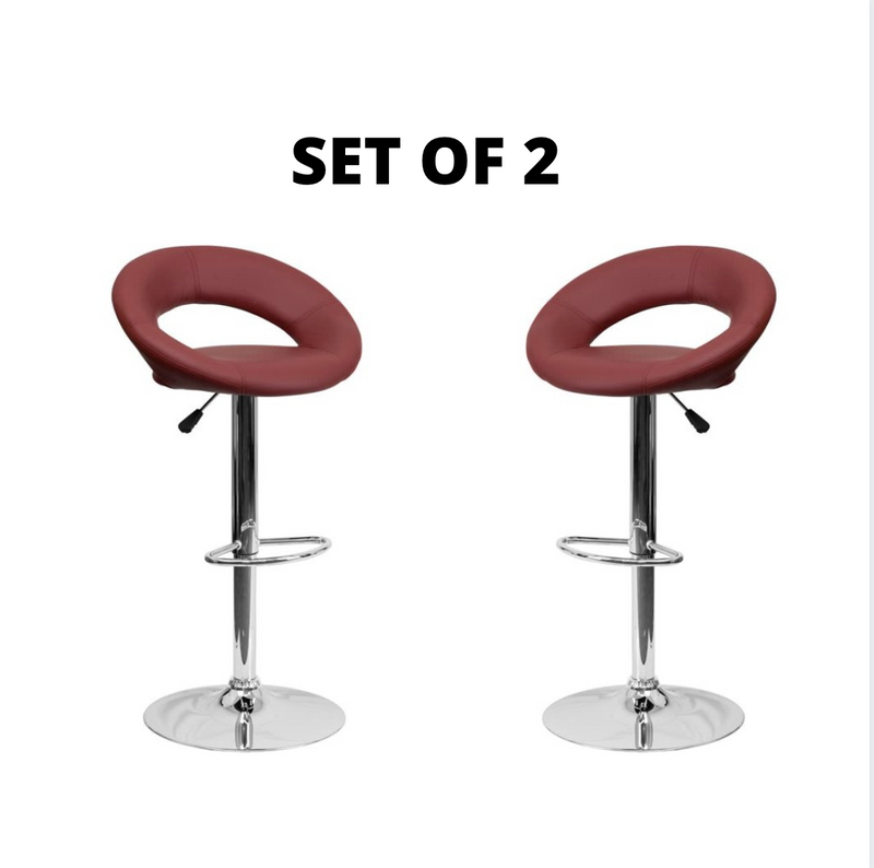 SET OF 2 burgundy Vinyl Rounded Back Adjustable Height Barstool with Chrome