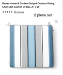 SET OF 2 BHG STRIPED OUTDOOR DINING CHAIR CUSHION BLUE 21 X 21