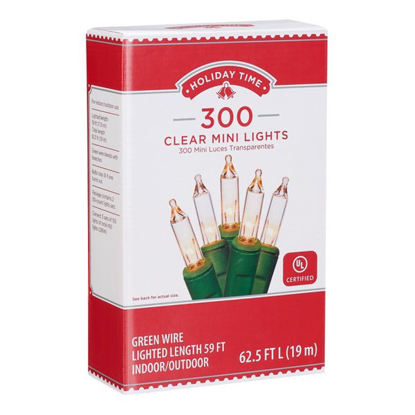 Holiday Time Indoor and Outdoor Clear Mini Christmas Lights, 59', 300 Count, Green Wire