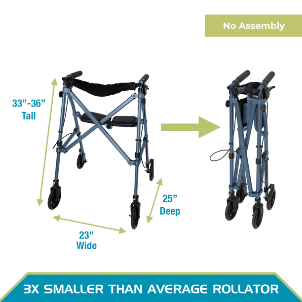 Able Life Space Saver Rollator, Lightweight 4 Wheel Travel Walker, Folding Mobility Walking Aid for Seniors with Compact Seat, Cobalt Blue