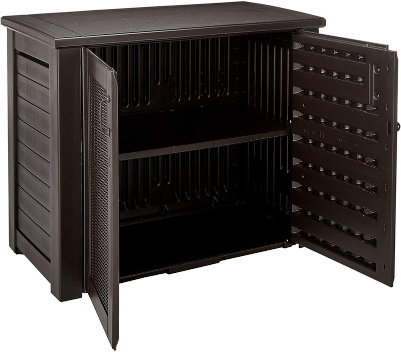 Rubbermaid Rattan Deck Box, Cabinet, Black Oak