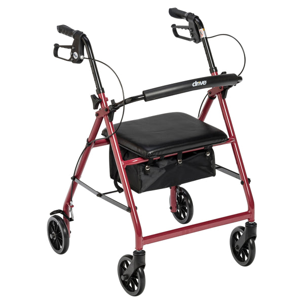 Drive Medical Rollator Rolling Walker with 6" Wheels, Fold Up Removable Back Support and Padded Seat, Red