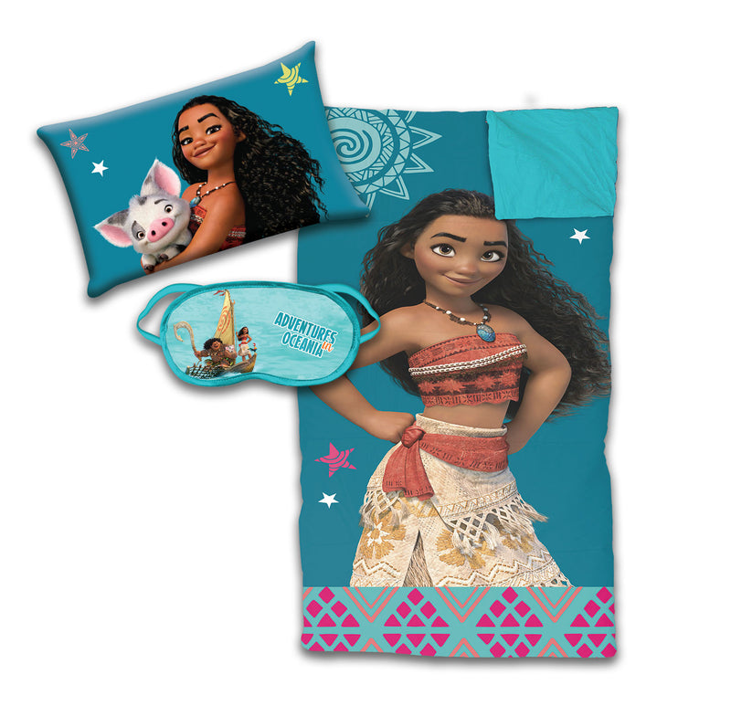 Moana Adventures in Oceania 3 Piece Slumber Set one sleeping bag, one pillow, and one eye mask