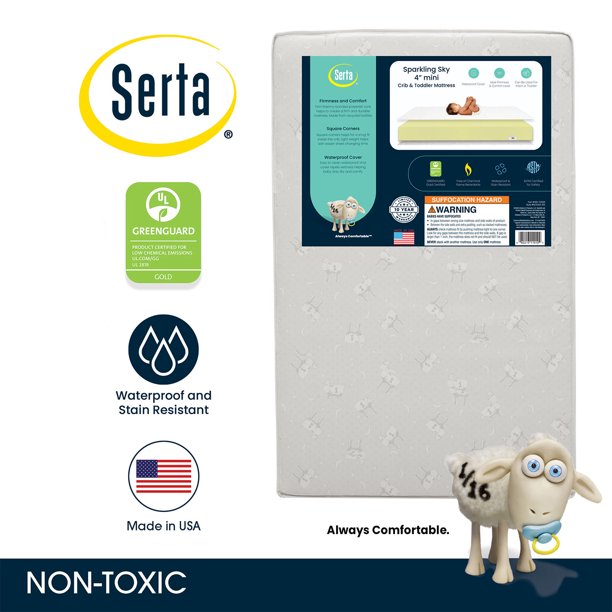 Serta Sparkling Sky 4-inch Mini/Portable Dual Sided Baby Crib Mattress - Sustainably Sourced Fiber Core - Waterproof - Lightweight
