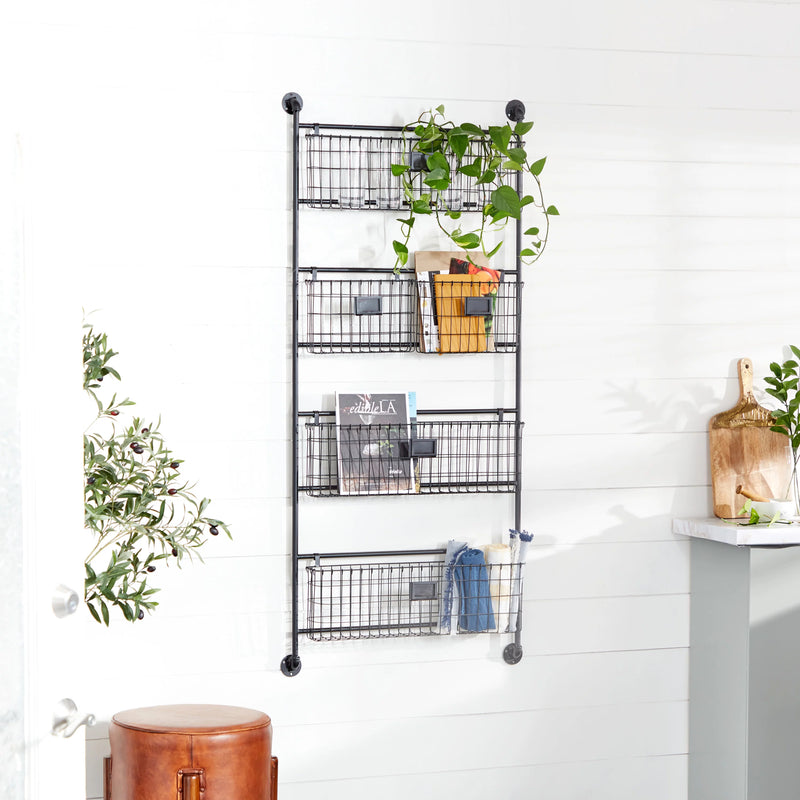 DecMode 4-Tier Industrial Wall Organizer Basket and Magazine Rack Holder, 27"W x 5"L x 61"H, Black Metal with Rustic Distressed Finish