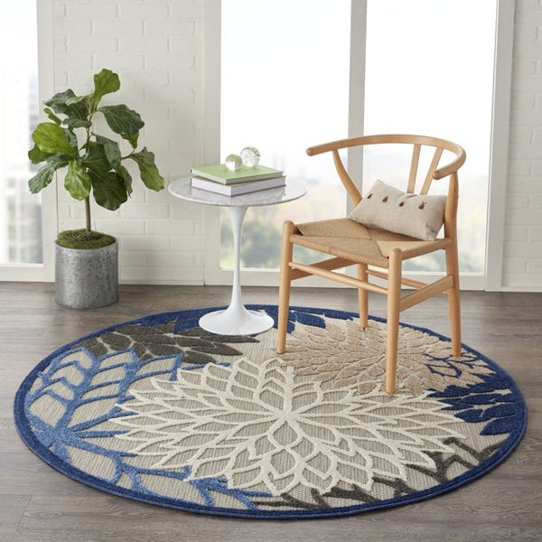 Nourison Aloha Indoor/Outdoor Tropical Floral Blue/Multicolor 4' x ROUND Area Rug, (4' Round)