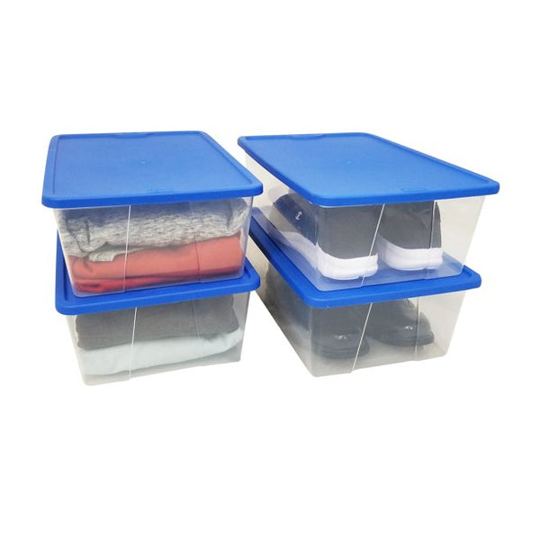 Homz 3 Gallon Snaplock See-Through Style Plastic Storage Box, Clear and Blue, 4 Count